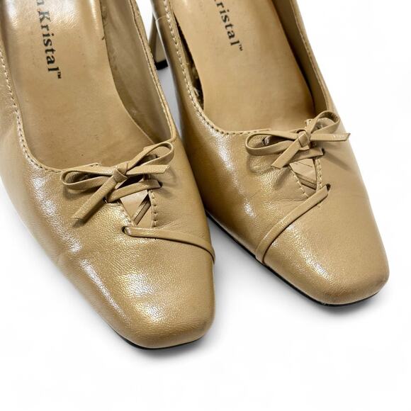 Ann Kristal Leather Pumps 5.5M Camel Tan Bow Square Toe Block Heel Y2K Eulalia - Picture 4 of 11